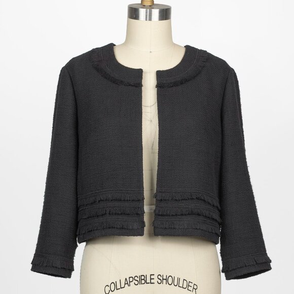 Karl Lagerfeld París Tweed Frayed Fringe Jacket Black Sz Large - Picture 1 of 8